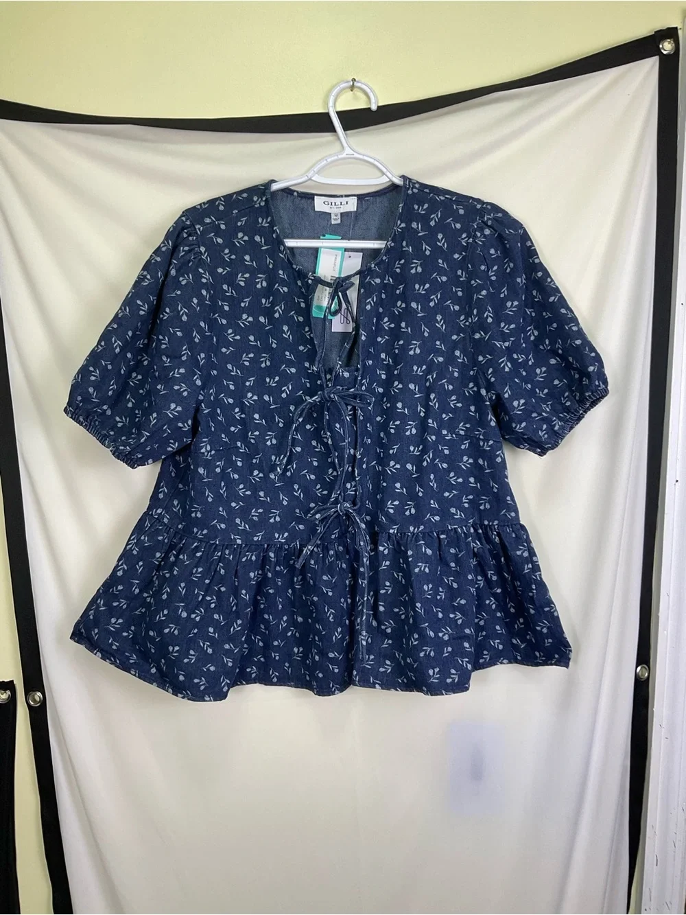 Gilli Ellie Tie-Front Peplum Top - Navy Denim